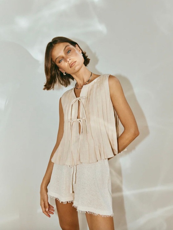 Shop Stevie Tops - Shop Stevie Soft Cream Pleated Tie-Front Sleeveless Top
